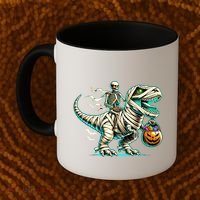 Skeleton Riding Mummy Dinosaur T Rex Halloween Funny Pumpkin Cute Gift Coffee Mug thumb 2