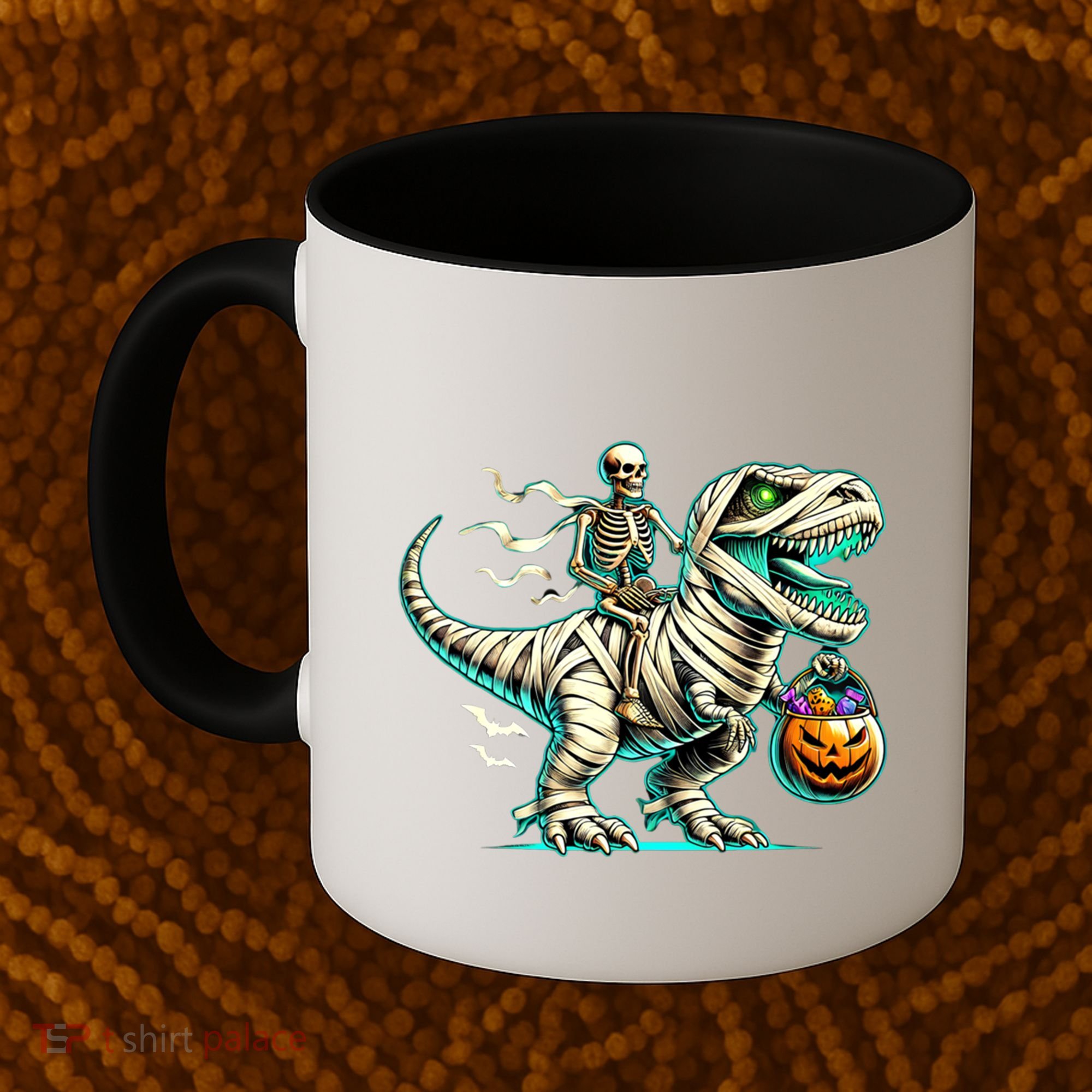Skeleton Riding Mummy Dinosaur T Rex Halloween Funny Pumpkin Cute Gift Coffee Mug