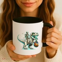Skeleton Riding Mummy Dinosaur T Rex Halloween Funny Pumpkin Cute Gift Coffee Mug thumb 3