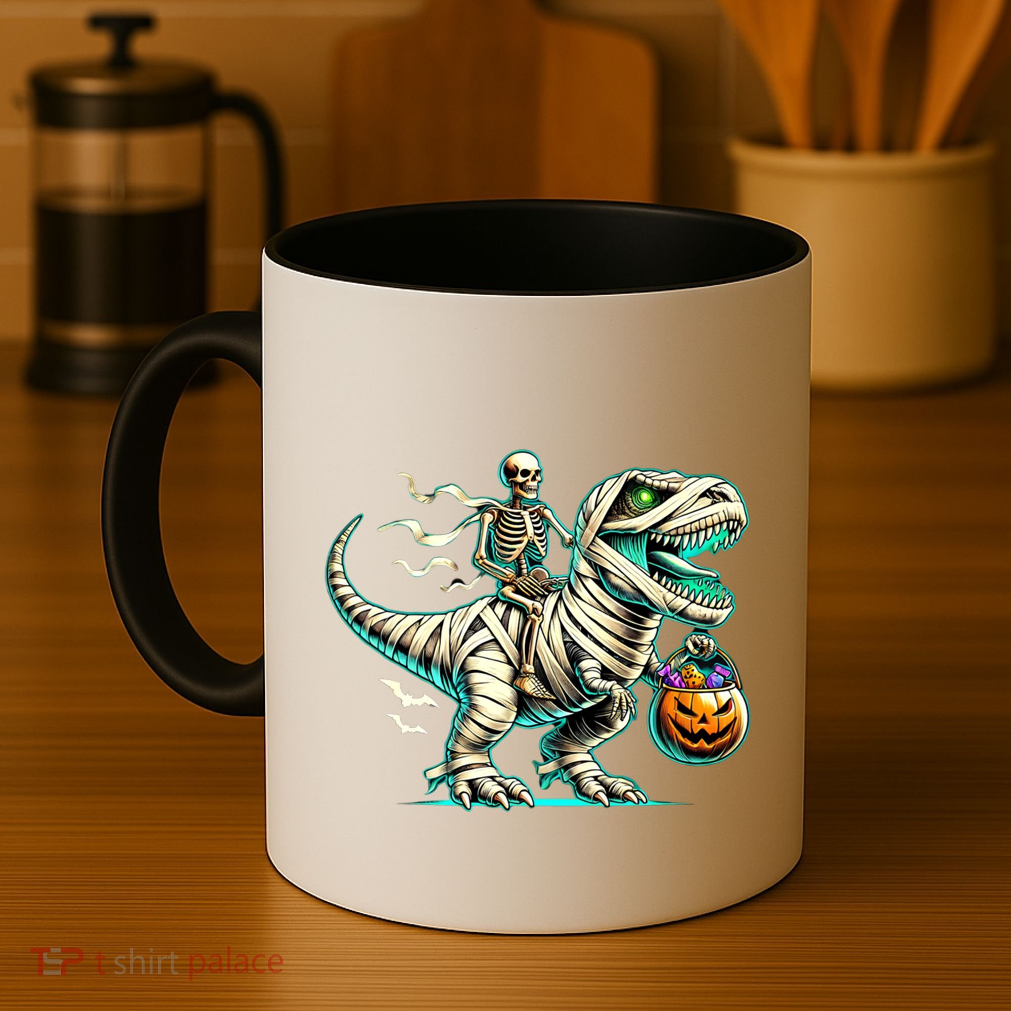 Skeleton Riding Mummy Dinosaur T Rex Halloween Funny Pumpkin Cute Gift Coffee Mug