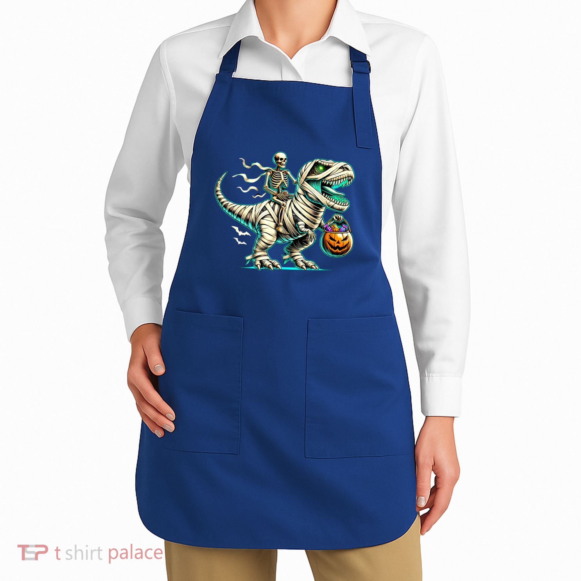Skeleton Riding Mummy Dinosaur T Rex Halloween Funny Pumpkin Cute Gift Apron