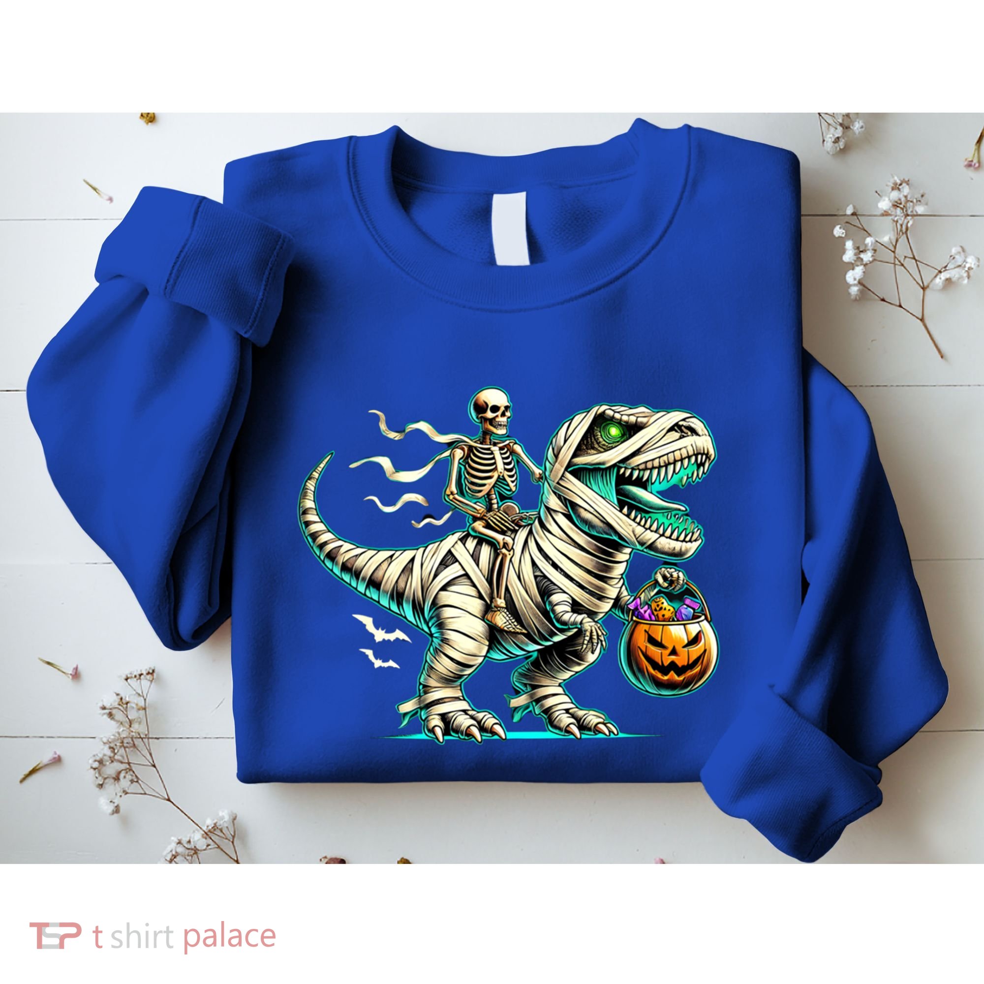 Skeleton Riding Mummy Dinosaur T Rex Halloween Funny Pumpkin Cute Gift Sweatshirt