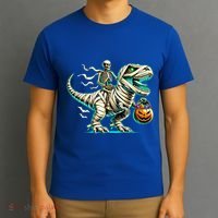 Skeleton Riding Mummy Dinosaur T Rex Halloween Funny Pumpkin Cute Gift T-Shirt thumb 3