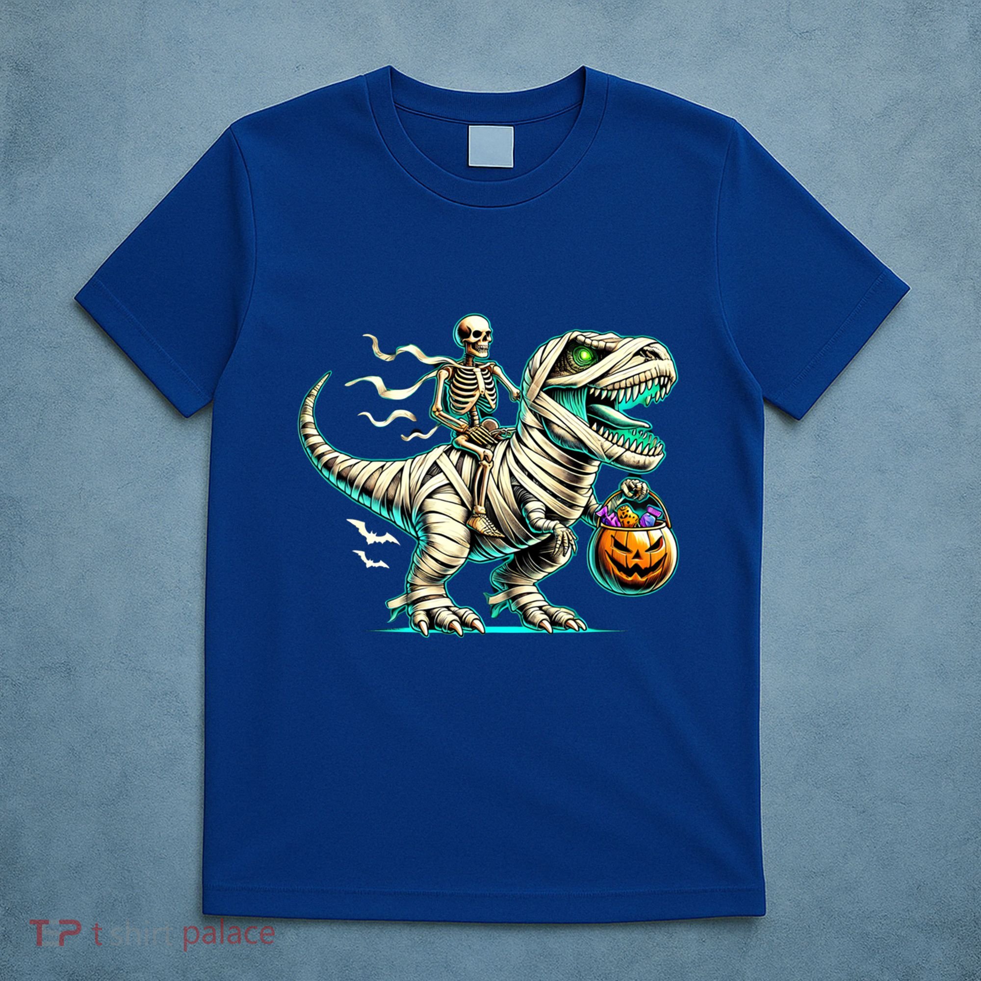 Skeleton Riding Mummy Dinosaur T Rex Halloween Funny Pumpkin Cute Gift T-Shirt