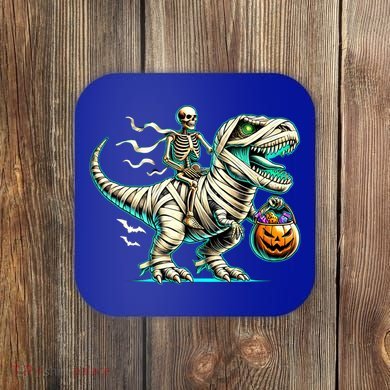 Skeleton Riding Mummy Dinosaur T Rex Halloween Funny Pumpkin Cute Gift Coaster