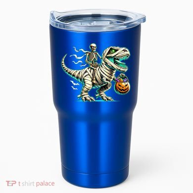 Skeleton Riding Mummy Dinosaur T Rex Halloween Funny Pumpkin Cute Gift Tumbler