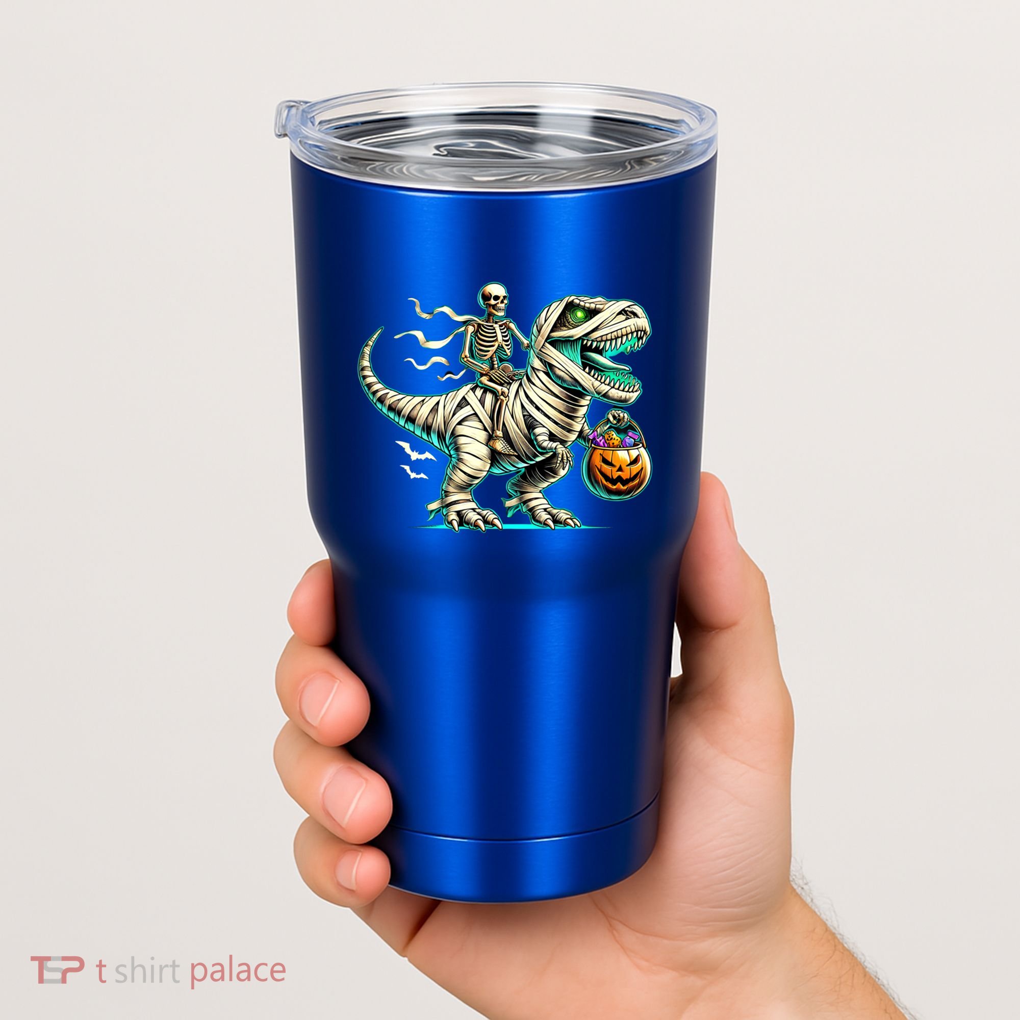 Skeleton Riding Mummy Dinosaur T Rex Halloween Funny Pumpkin Cute Gift Tumbler