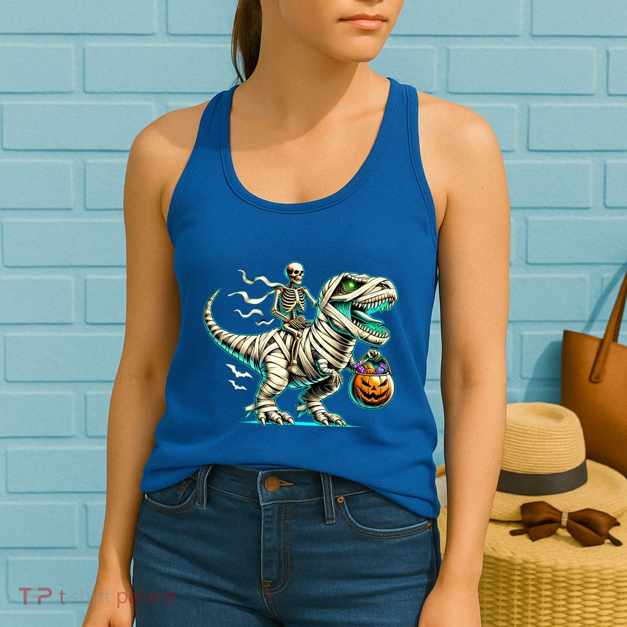 Skeleton Riding Mummy Dinosaur T Rex Halloween Funny Pumpkin Cute Gift Women's Tank Top