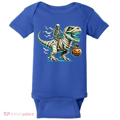 Skeleton Riding Mummy Dinosaur T Rex Halloween Funny Pumpkin Cute Gift Baby Bodysuit