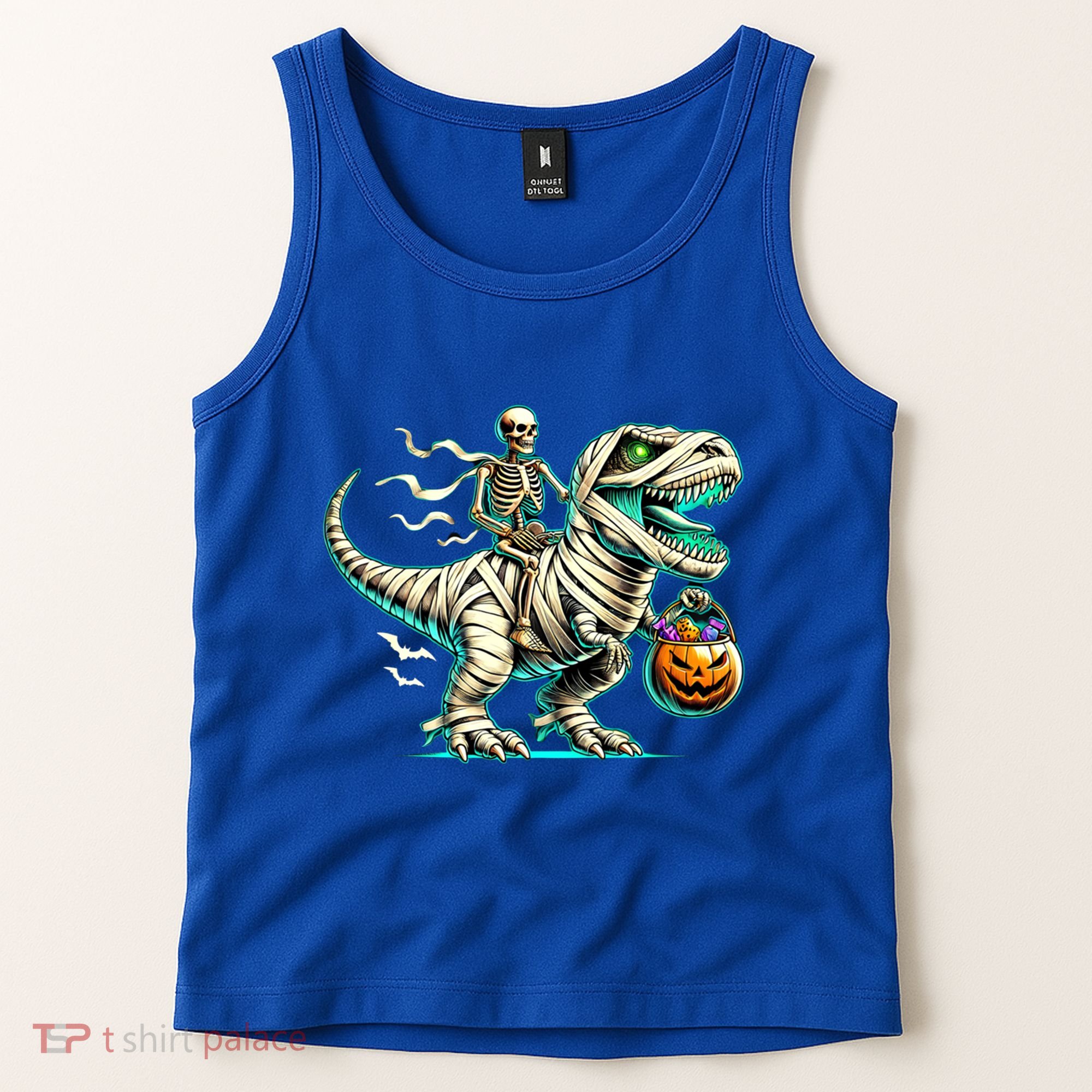 Skeleton Riding Mummy Dinosaur T Rex Halloween Funny Pumpkin Cute Gift Tank Top