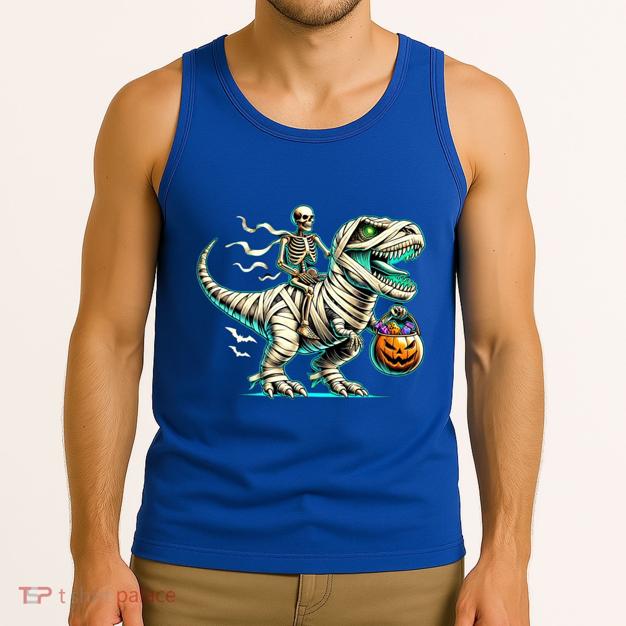 Skeleton Riding Mummy Dinosaur T Rex Halloween Funny Pumpkin Cute Gift Tank Top