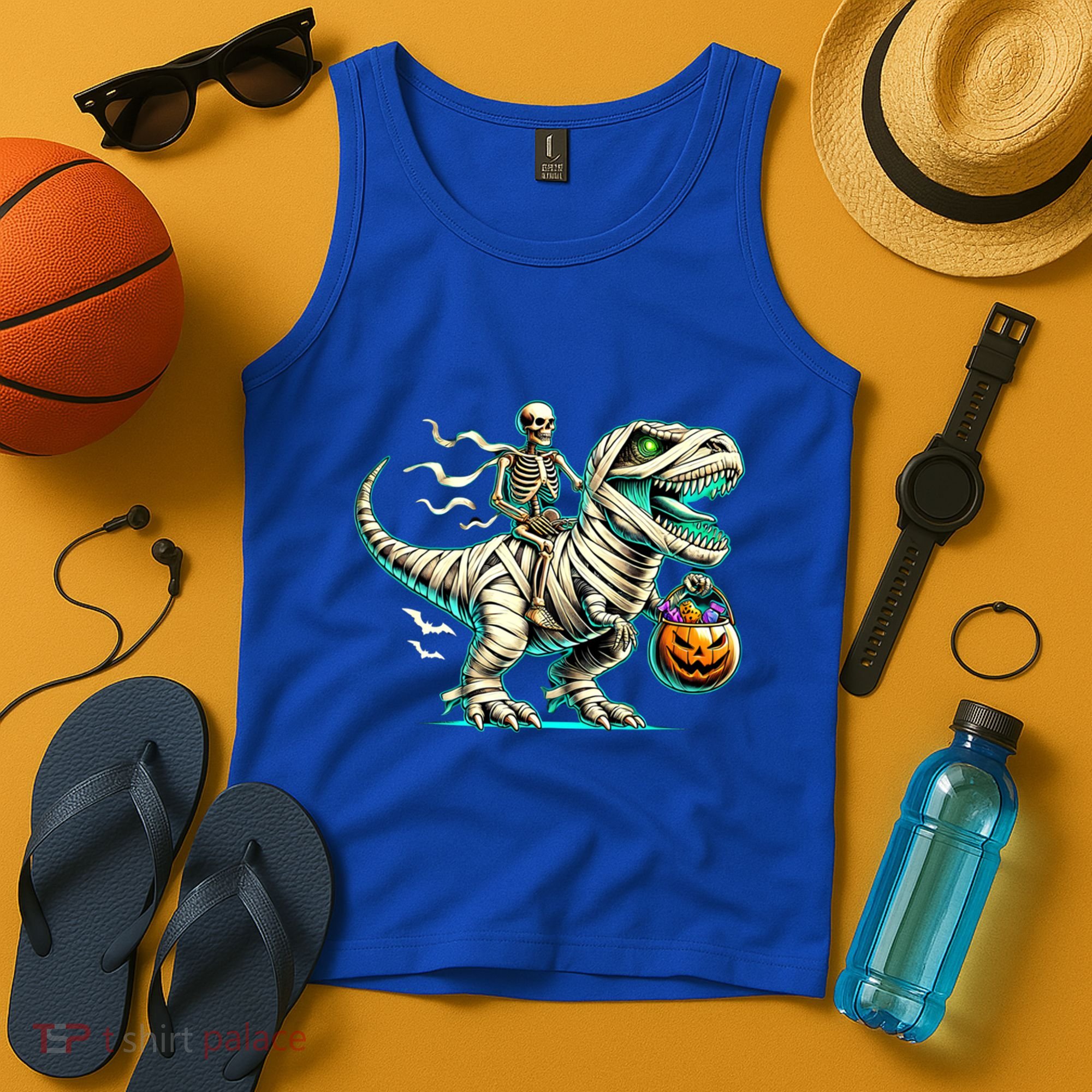 Skeleton Riding Mummy Dinosaur T Rex Halloween Funny Pumpkin Cute Gift Tank Top