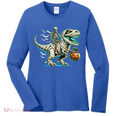 Skeleton Riding Mummy Dinosaur T Rex Halloween Funny Pumpkin Cute Gift Women's Long Sleeve Shirt