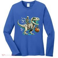 Skeleton Riding Mummy Dinosaur T Rex Halloween Funny Pumpkin Cute Gift Women's Long Sleeve Shirt thumb 0