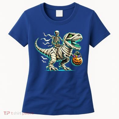 Skeleton Riding Mummy Dinosaur T Rex Halloween Funny Pumpkin Cute Gift Women's T-Shirt