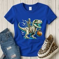Skeleton Riding Mummy Dinosaur T Rex Halloween Funny Pumpkin Cute Gift Women's T-Shirt thumb 3