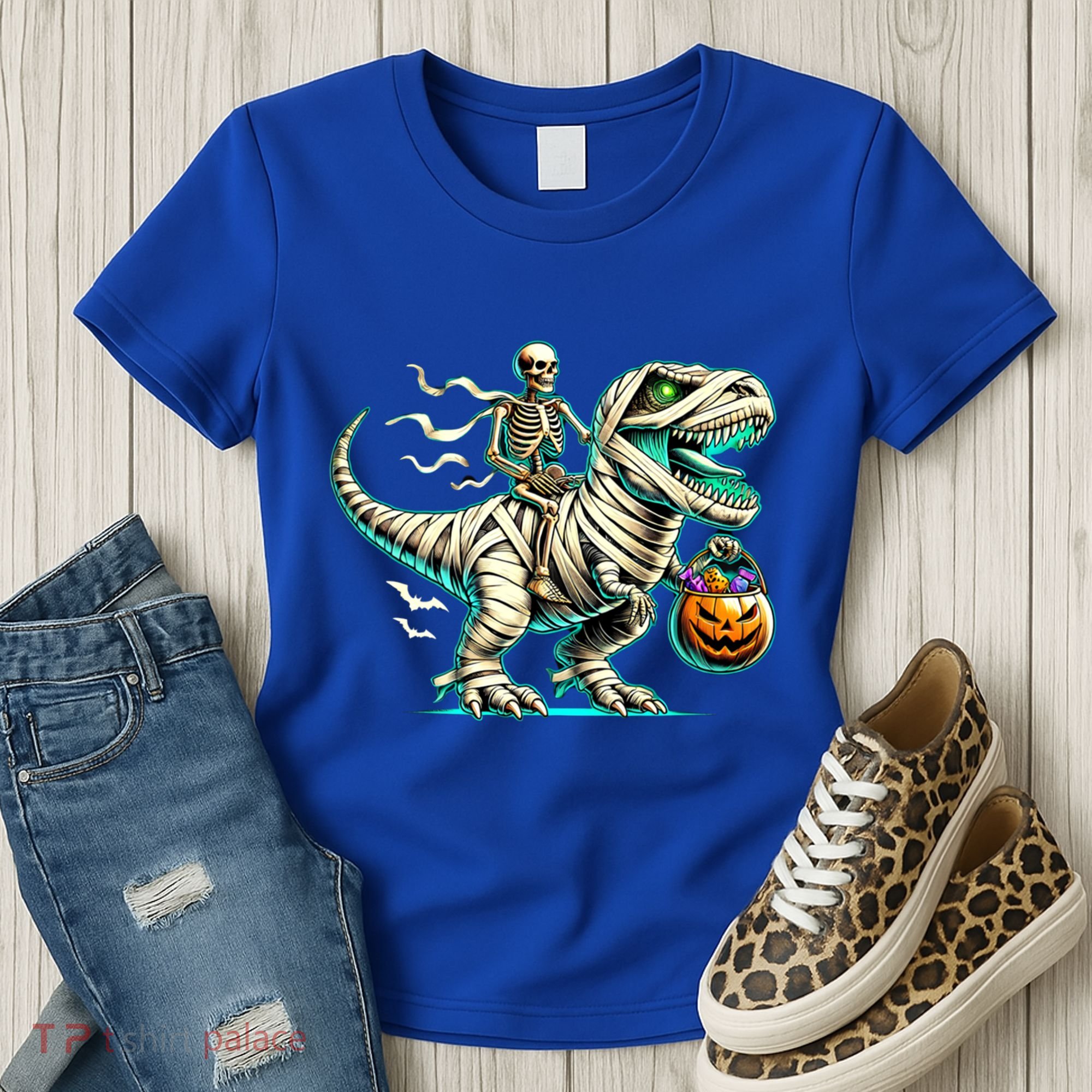 Skeleton Riding Mummy Dinosaur T Rex Halloween Funny Pumpkin Cute Gift Women's T-Shirt