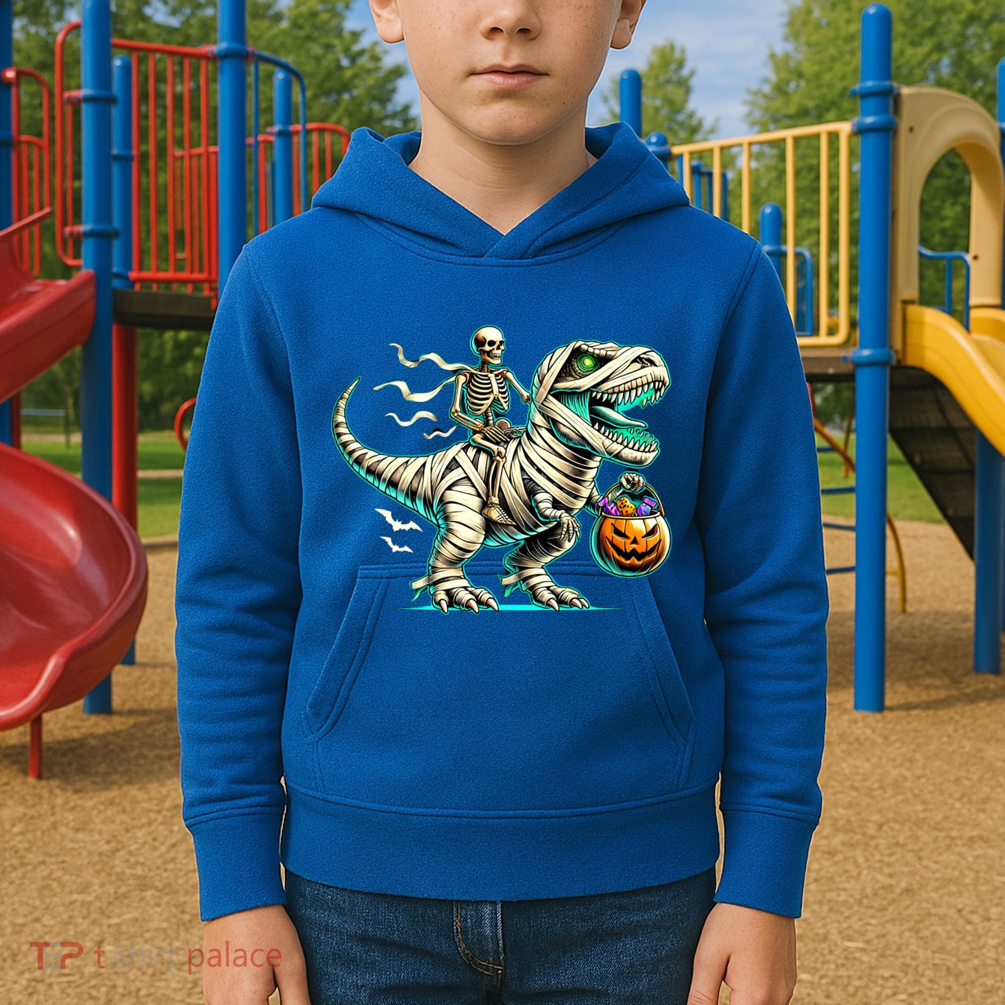 Skeleton Riding Mummy Dinosaur T Rex Halloween Funny Pumpkin Cute Gift Kids Hoodie