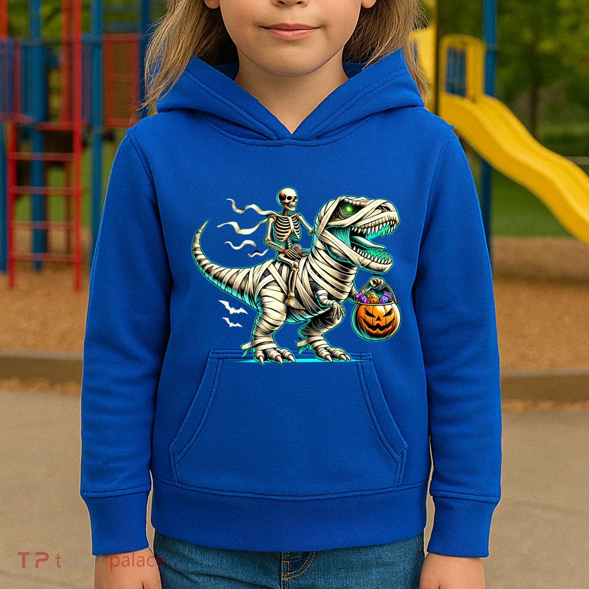 Skeleton Riding Mummy Dinosaur T Rex Halloween Funny Pumpkin Cute Gift Kids Hoodie