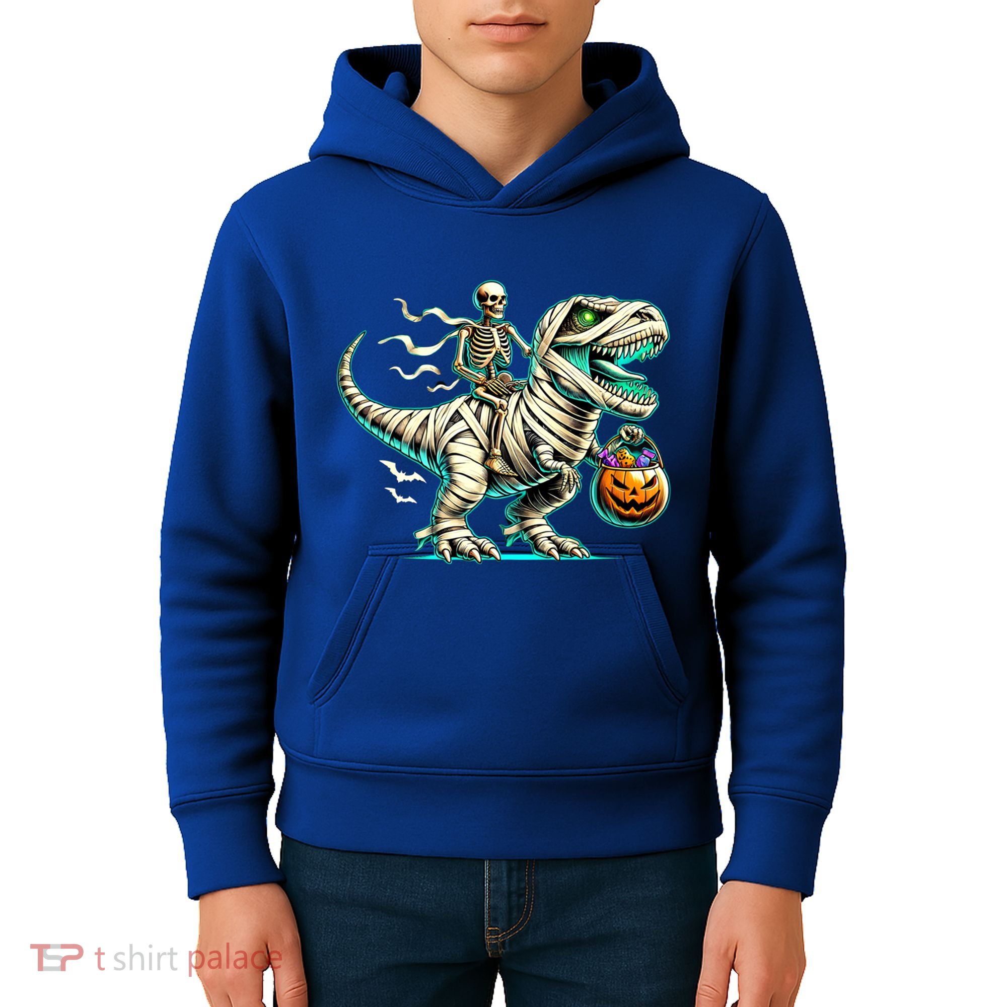 Skeleton Riding Mummy Dinosaur T Rex Halloween Funny Pumpkin Cute Gift Kids Hoodie