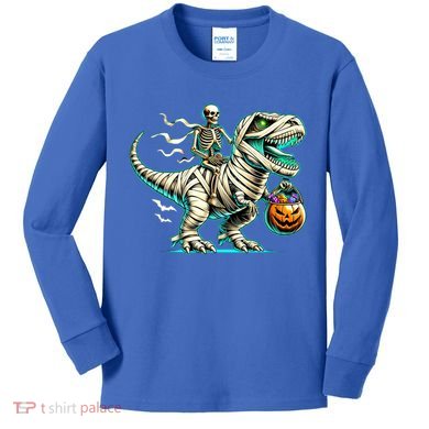 Skeleton Riding Mummy Dinosaur T Rex Halloween Funny Pumpkin Cute Gift Kids Long Sleeve Shirt