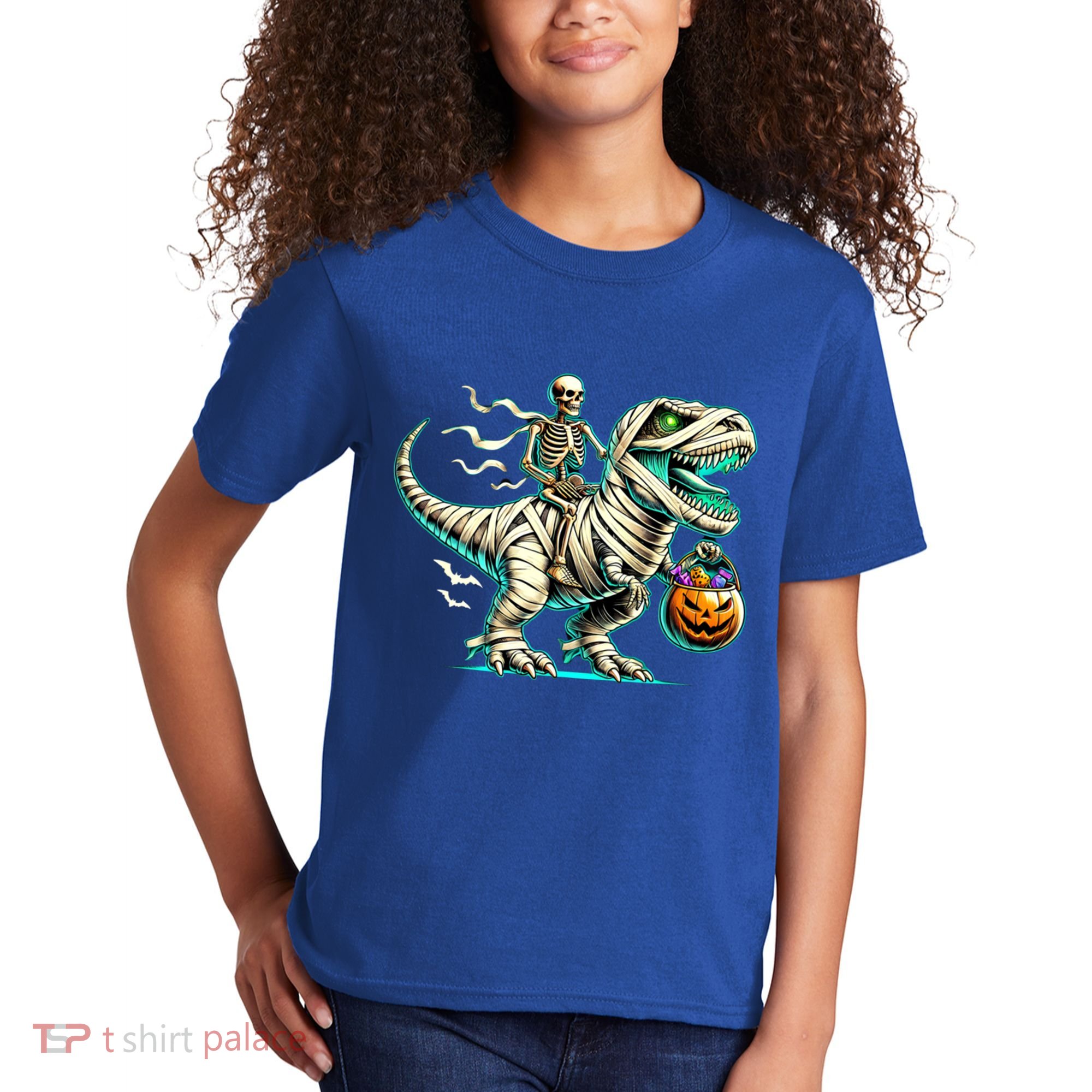 Skeleton Riding Mummy Dinosaur T Rex Halloween Funny Pumpkin Cute Gift Kids T-Shirt