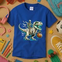 Skeleton Riding Mummy Dinosaur T Rex Halloween Funny Pumpkin Cute Gift Kids T-Shirt thumb 3