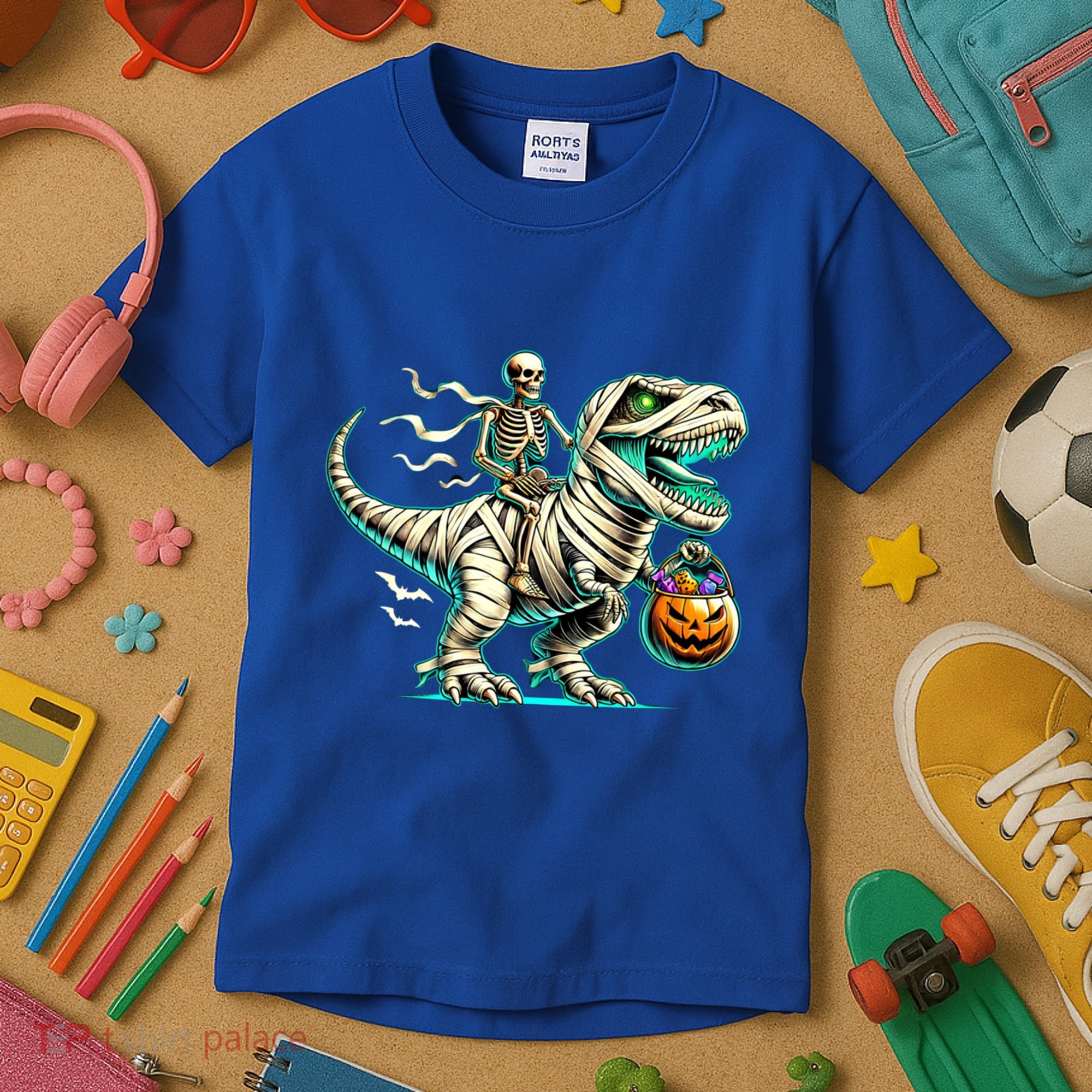 Skeleton Riding Mummy Dinosaur T Rex Halloween Funny Pumpkin Cute Gift Kids T-Shirt