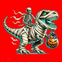 Skeleton Riding Mummy Dinosaur T Rex Halloween Funny Pumpkin Cute Gift Santa Hat thumb 1