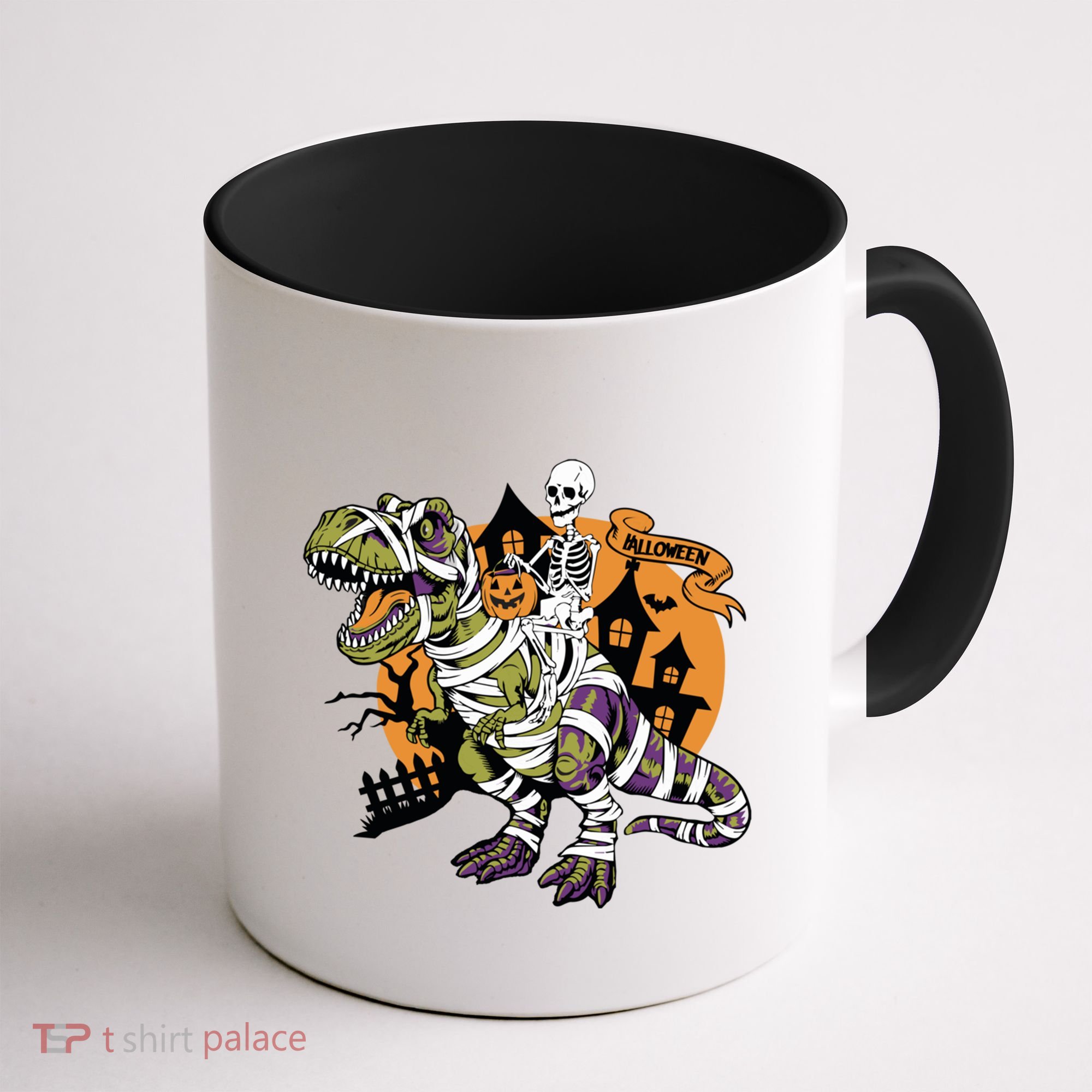 Skeleton Riding Mummy Dinosaur T Rex Halloween Spook Lovers Gift Coffee Mug