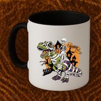 Skeleton Riding Mummy Dinosaur T Rex Halloween Spook Lovers Gift Coffee Mug thumb 2