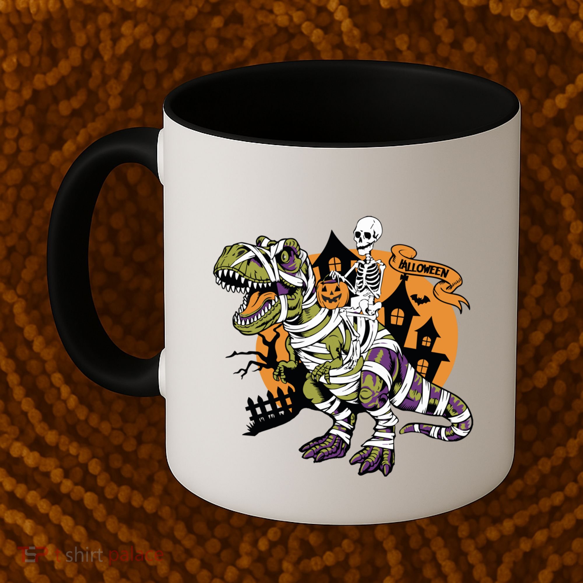 Skeleton Riding Mummy Dinosaur T Rex Halloween Spook Lovers Gift Coffee Mug