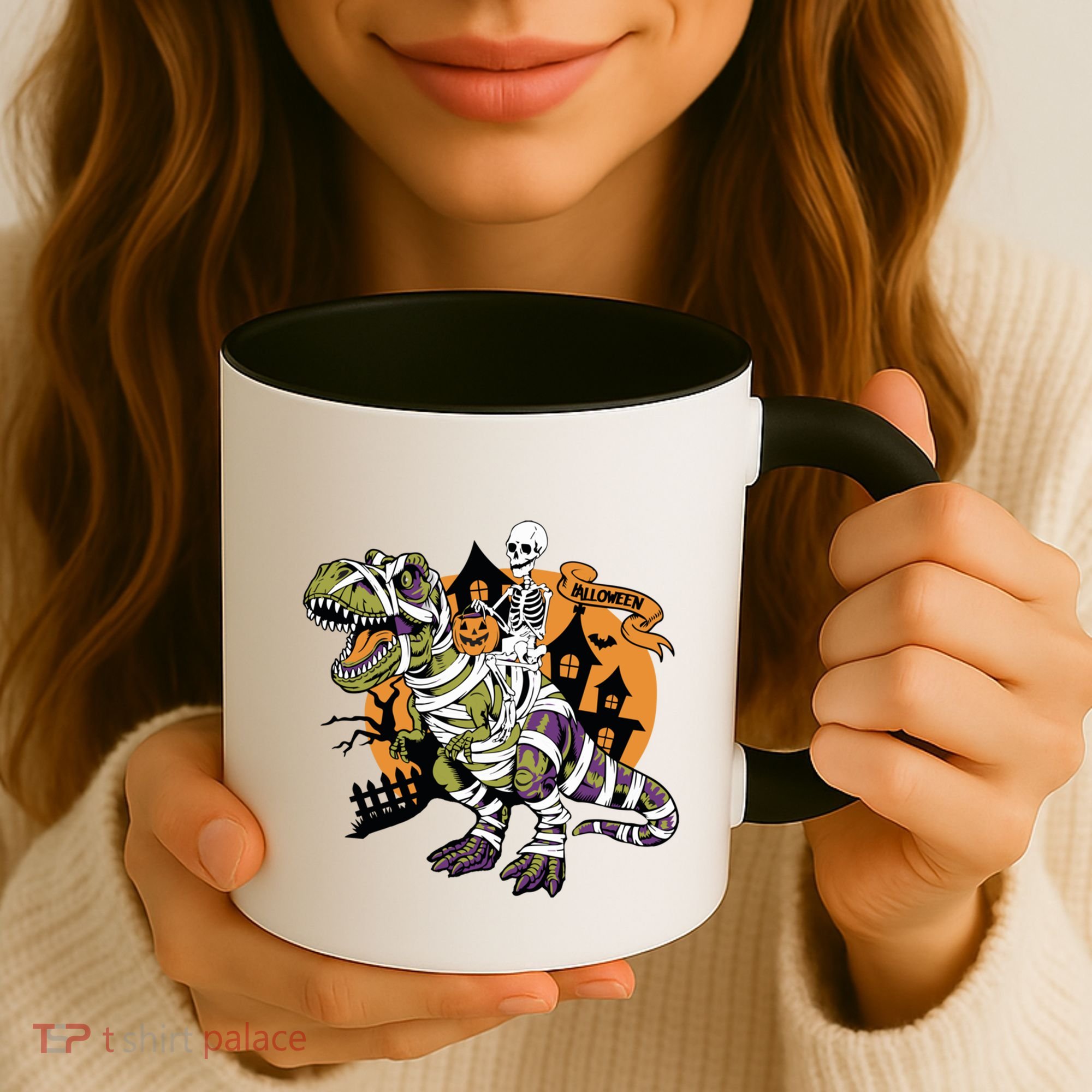 Skeleton Riding Mummy Dinosaur T Rex Halloween Spook Lovers Gift Coffee Mug