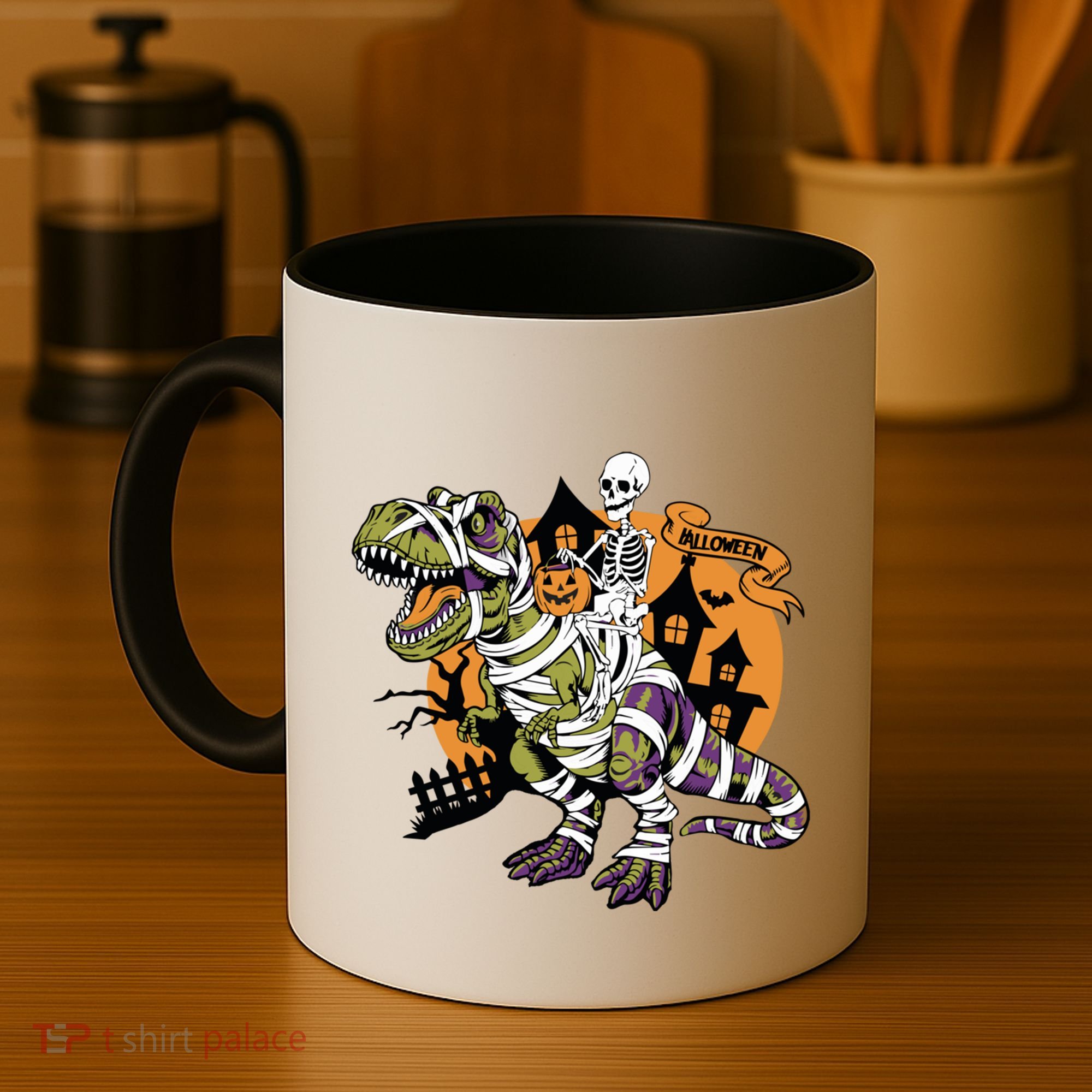 Skeleton Riding Mummy Dinosaur T Rex Halloween Spook Lovers Gift Coffee Mug