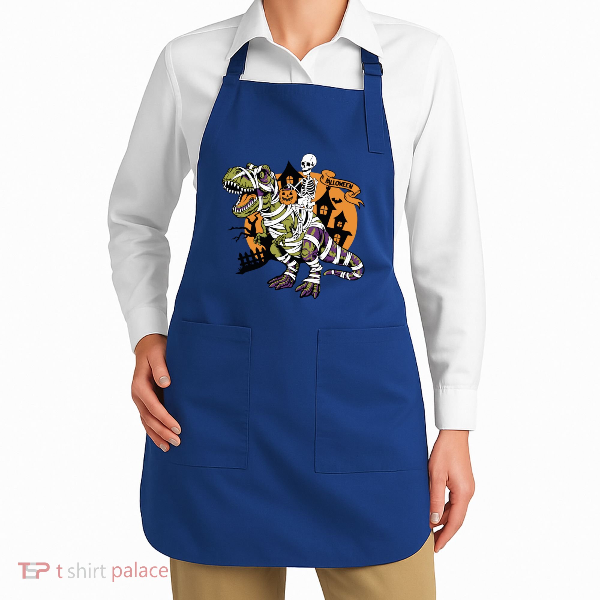 Skeleton Riding Mummy Dinosaur T Rex Halloween Spook Lovers Gift Apron