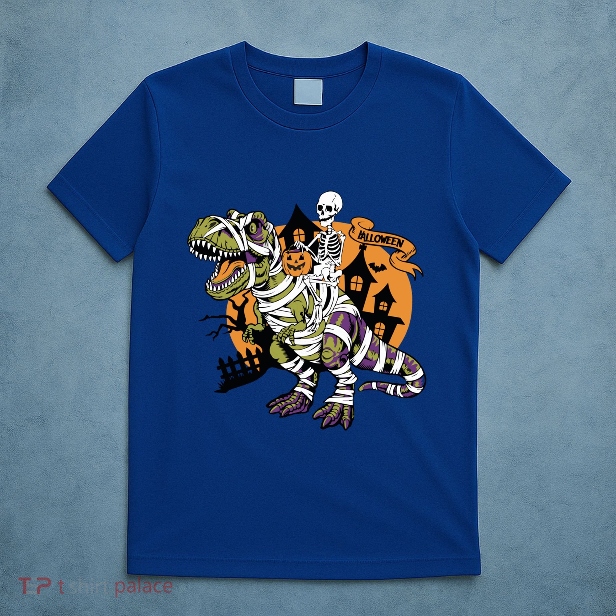 Skeleton Riding Mummy Dinosaur T Rex Halloween Spook Lovers Gift T-Shirt