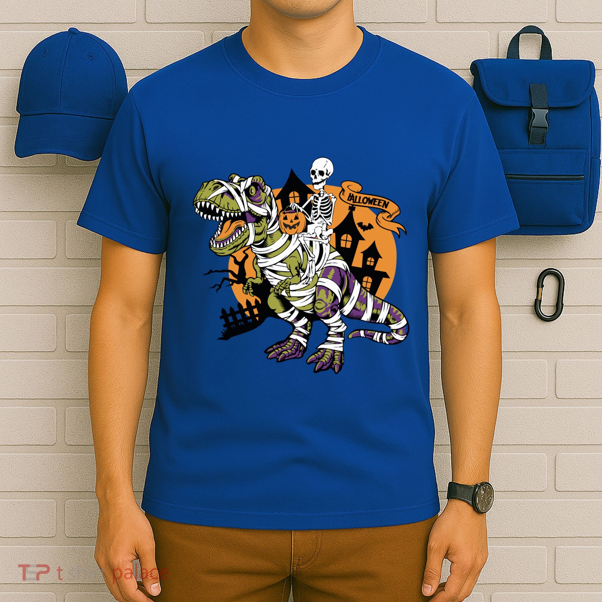Skeleton Riding Mummy Dinosaur T Rex Halloween Spook Lovers Gift T-Shirt