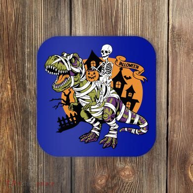 Skeleton Riding Mummy Dinosaur T Rex Halloween Spook Lovers Gift Coaster