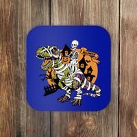 Skeleton Riding Mummy Dinosaur T Rex Halloween Spook Lovers Gift Coaster thumb 0