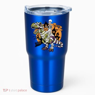 Skeleton Riding Mummy Dinosaur T Rex Halloween Spook Lovers Gift Tumbler