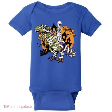 Skeleton Riding Mummy Dinosaur T Rex Halloween Spook Lovers Gift Baby Bodysuit