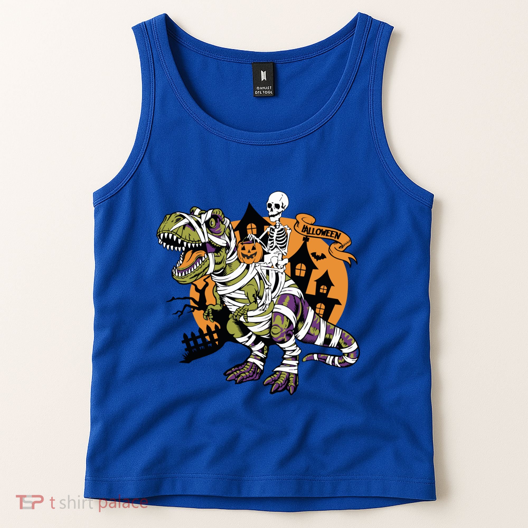 Skeleton Riding Mummy Dinosaur T Rex Halloween Spook Lovers Gift Tank Top
