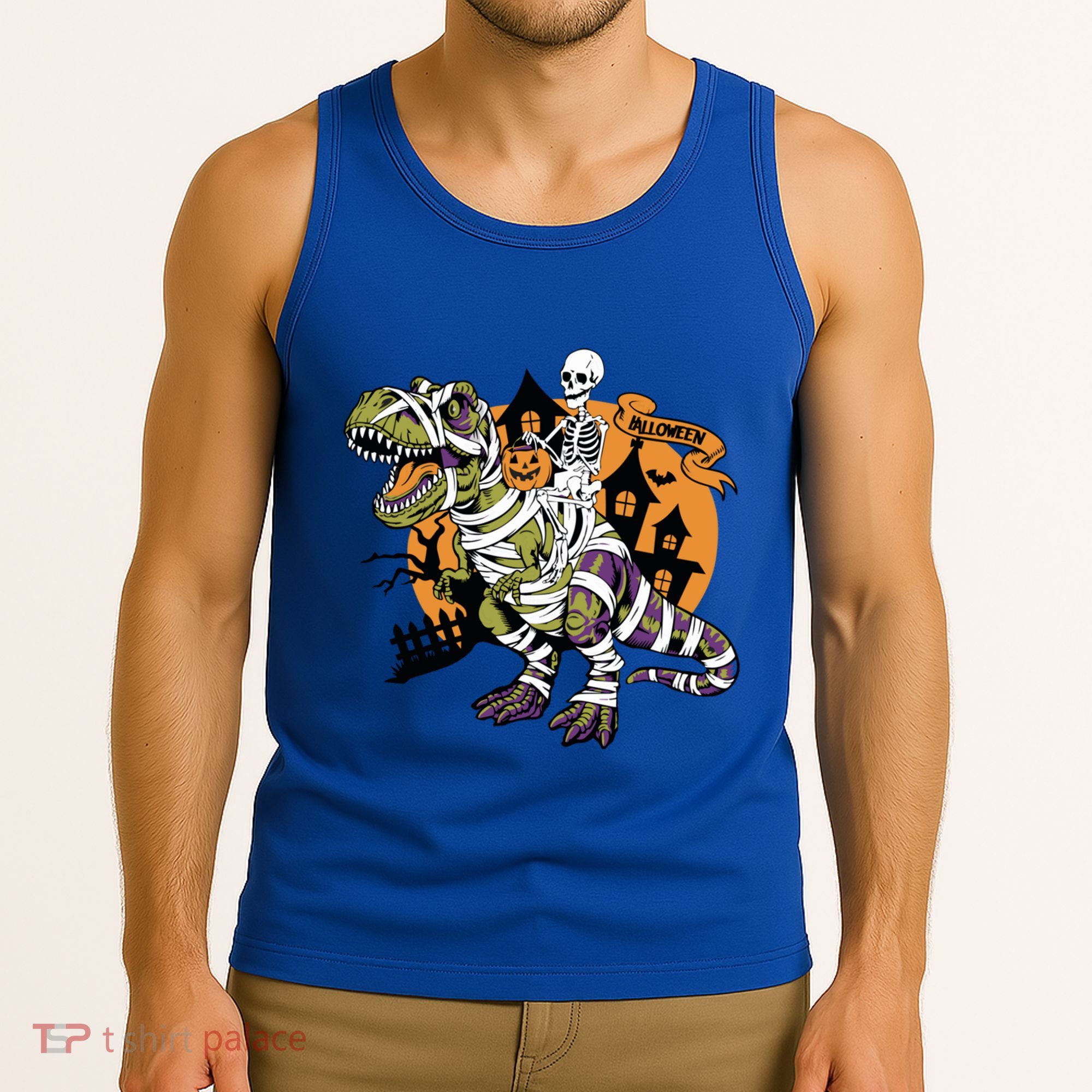 Skeleton Riding Mummy Dinosaur T Rex Halloween Spook Lovers Gift Tank Top