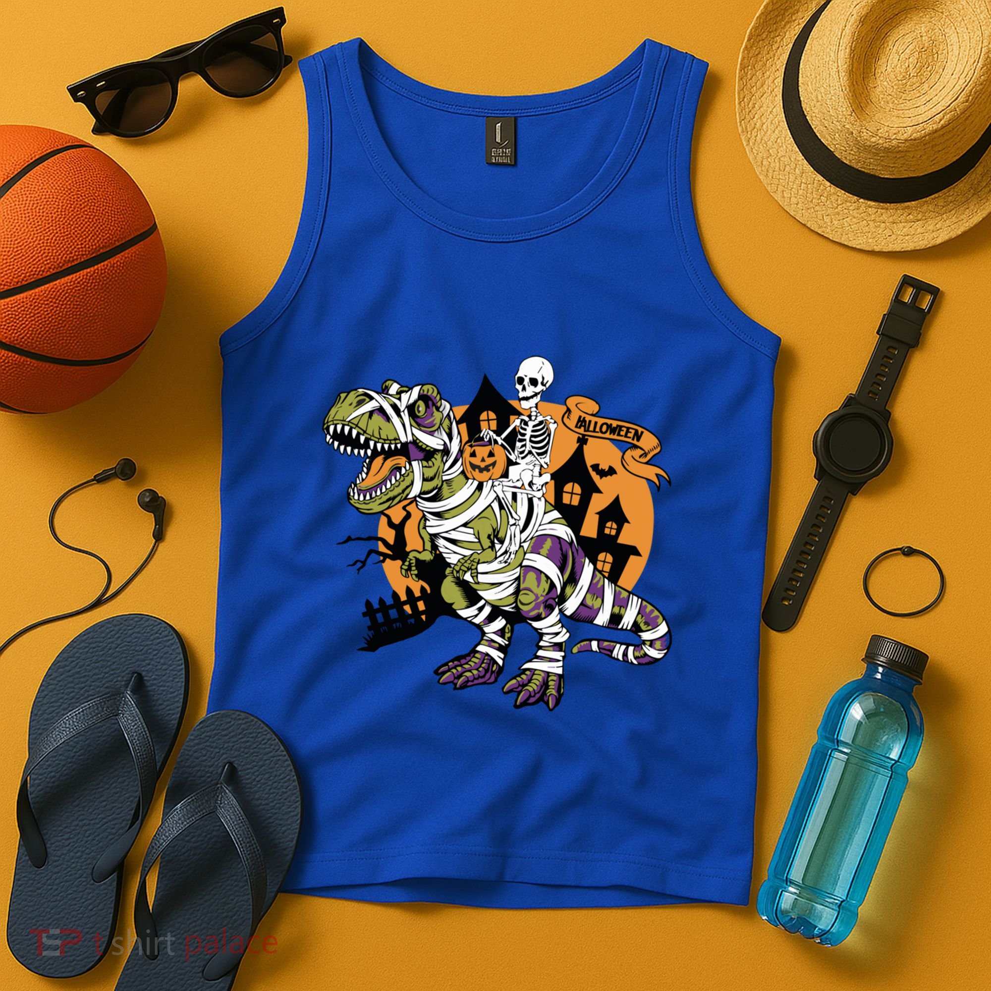 Skeleton Riding Mummy Dinosaur T Rex Halloween Spook Lovers Gift Tank Top