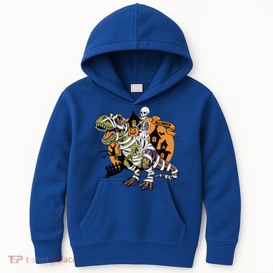 Skeleton Riding Mummy Dinosaur T Rex Halloween Spook Lovers Gift Kids Hoodie