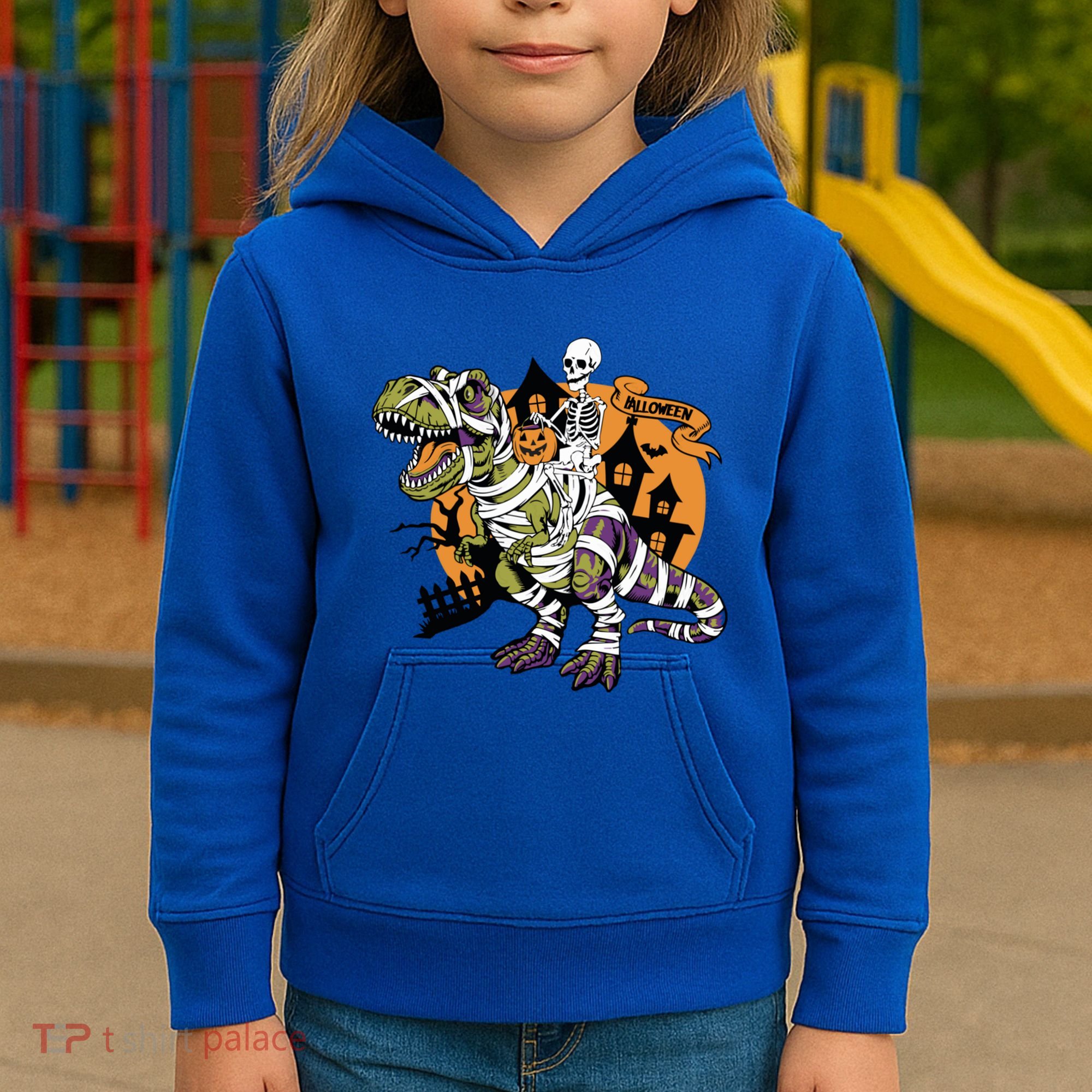 Skeleton Riding Mummy Dinosaur T Rex Halloween Spook Lovers Gift Kids Hoodie