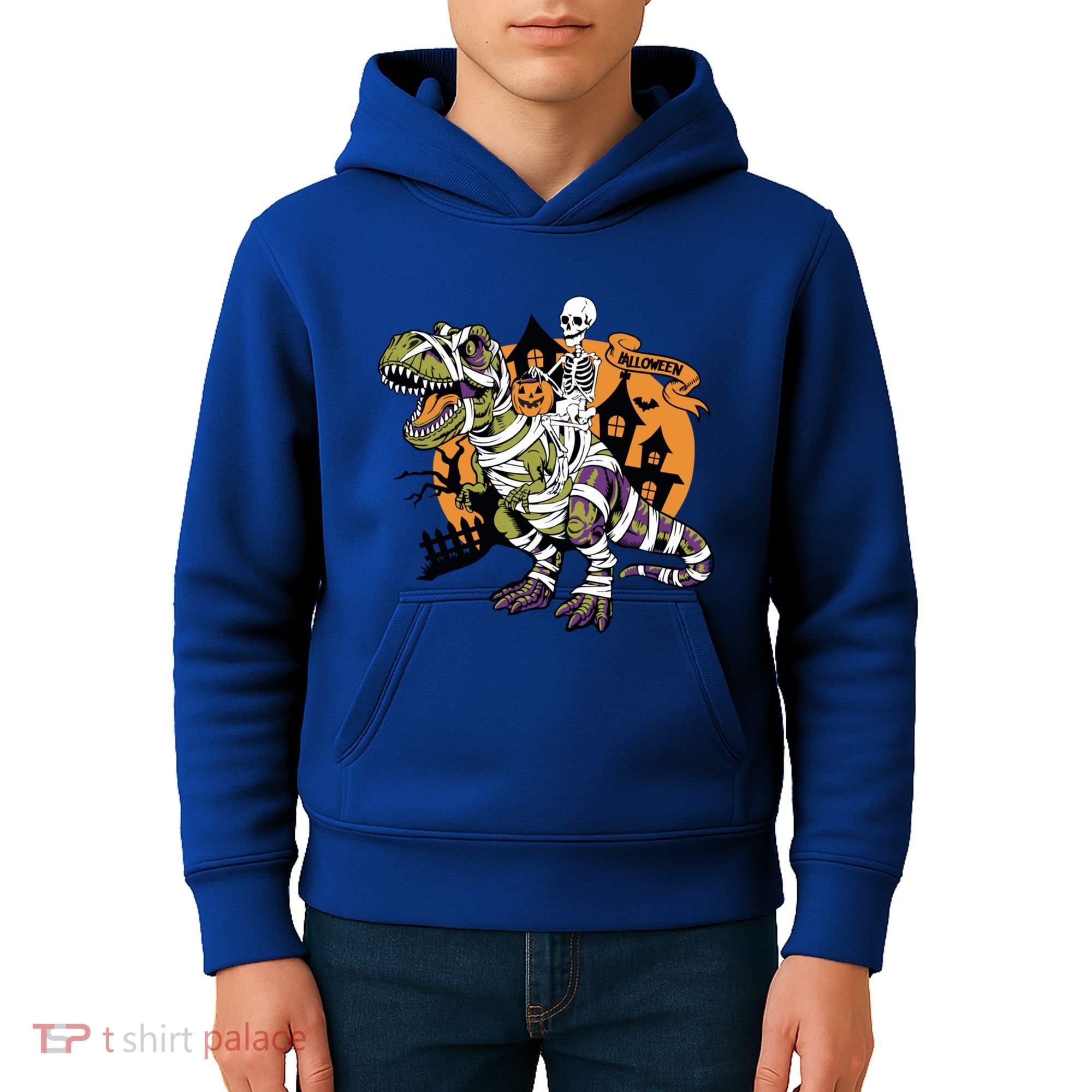 Skeleton Riding Mummy Dinosaur T Rex Halloween Spook Lovers Gift Kids Hoodie