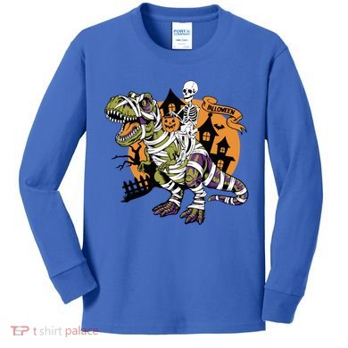 Skeleton Riding Mummy Dinosaur T Rex Halloween Spook Lovers Gift Kids Long Sleeve Shirt