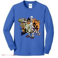 Skeleton Riding Mummy Dinosaur T Rex Halloween Spook Lovers Gift Kids Long Sleeve Shirt thumb 0