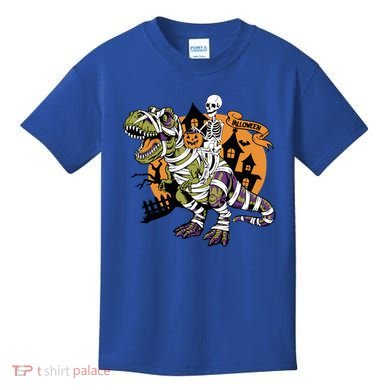 Skeleton Riding Mummy Dinosaur T Rex Halloween Spook Lovers Gift Kids T-Shirt